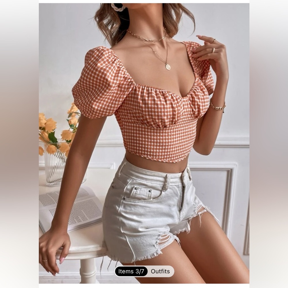 womens M/6 Sweetheart neckline  picnic Print Puff Sleeve Crop Top orange
